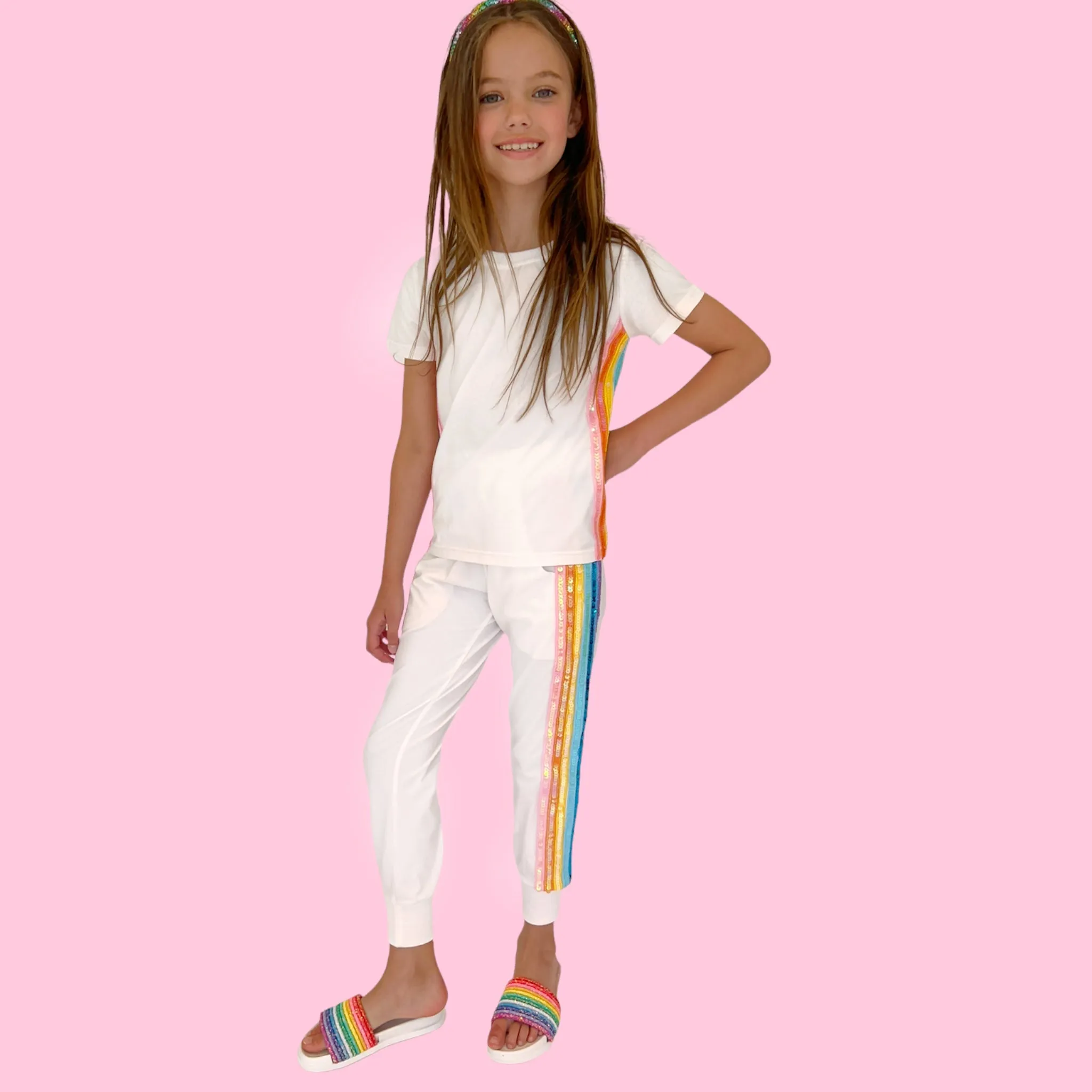 White Rainbow Sequin Jogger Set